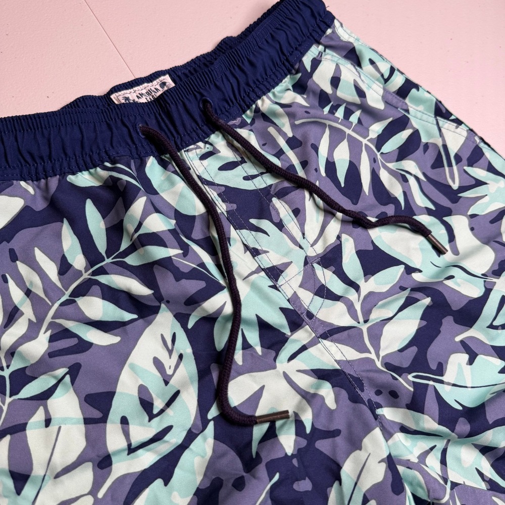 American Eagle Mens XS Tropical Leaf Swim Trunks Navy Teal 5 Inch Inseam Shorts - Picture 2 of 12